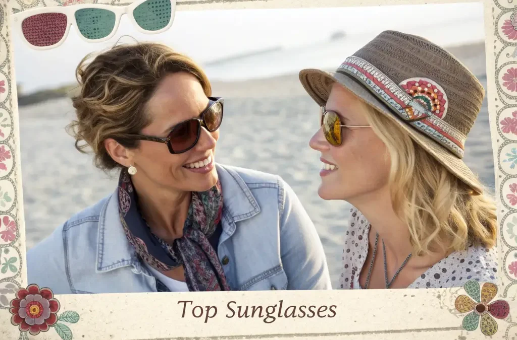 Two woman wearing pairs of nices women's sunglasses, showcasing various styles to help choose the sunglasses for any occasion