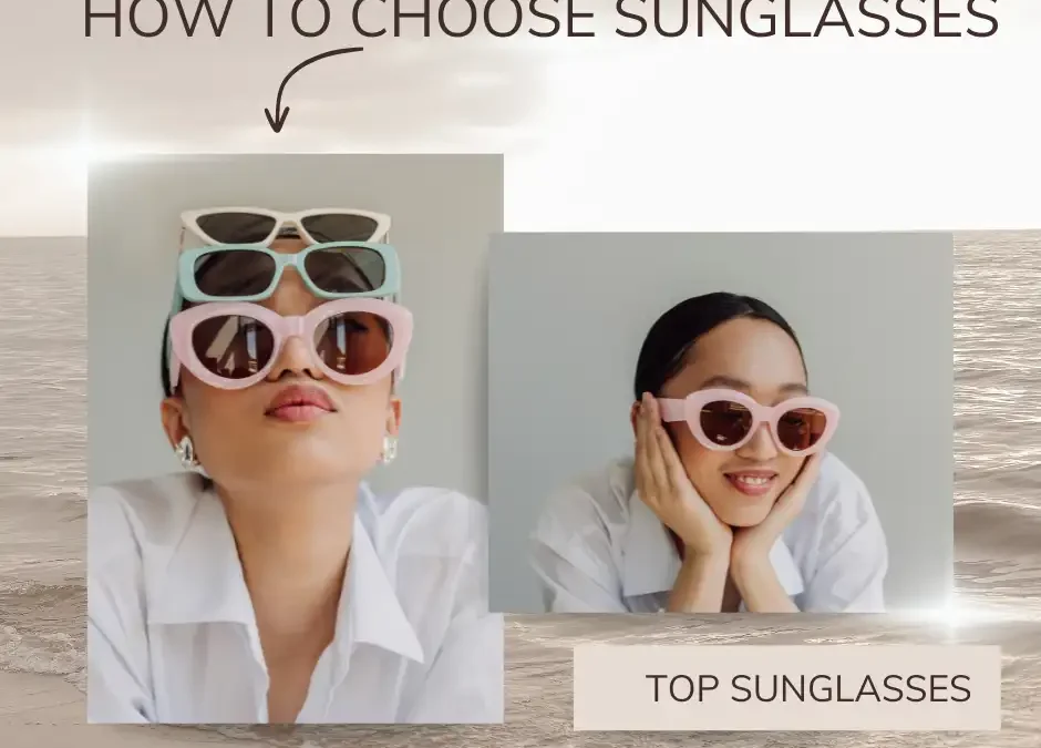 Two images of a woman wearing multiple pairs of colorful women's sunglasses, showcasing various styles to help choose the sunglasses for any occasion