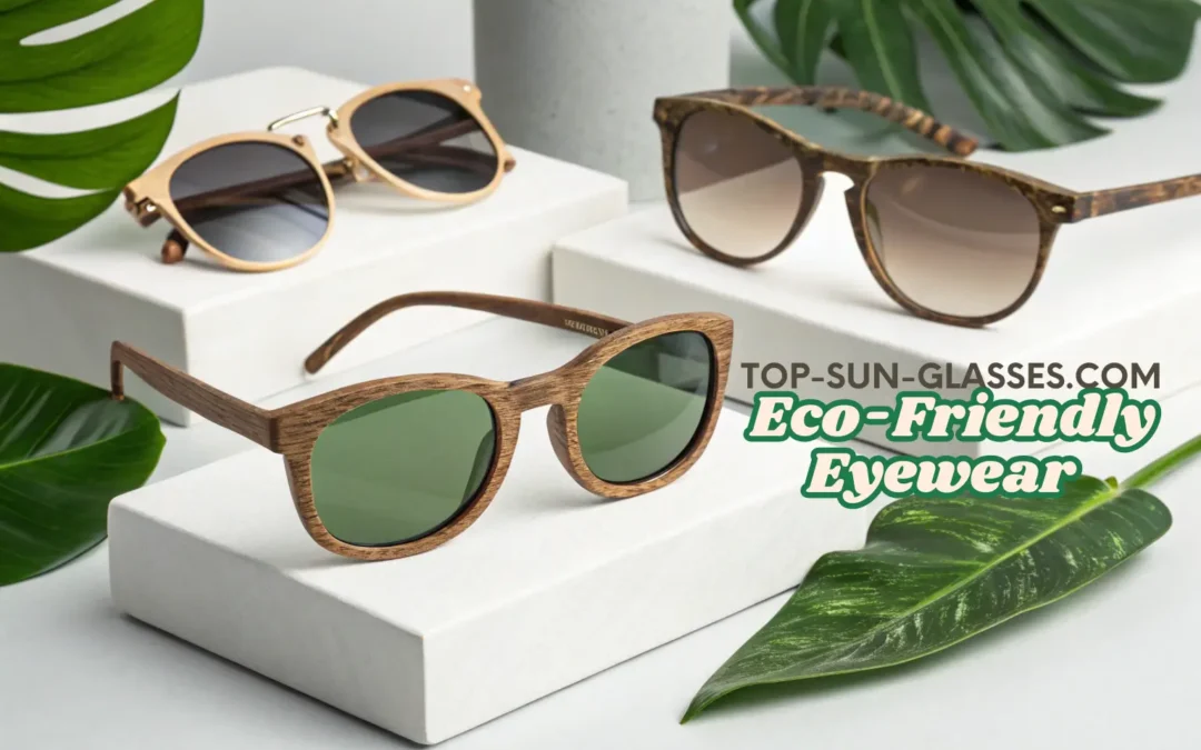 Stylish eco-friendly eyewear displayed on white platforms with green lenses and wooden frames, promoting sustainable fashion.