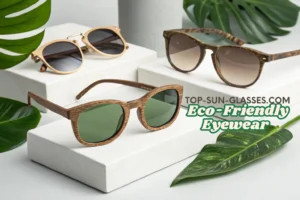 Stylish eco-friendly eyewear displayed on white platforms with green lenses and wooden frames, promoting sustainable fashion.