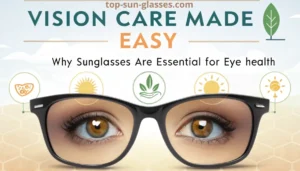 Close-up of eyes with sunglasses highlighting the importance of vision care and UV protection for maintaining healthy eyesight.