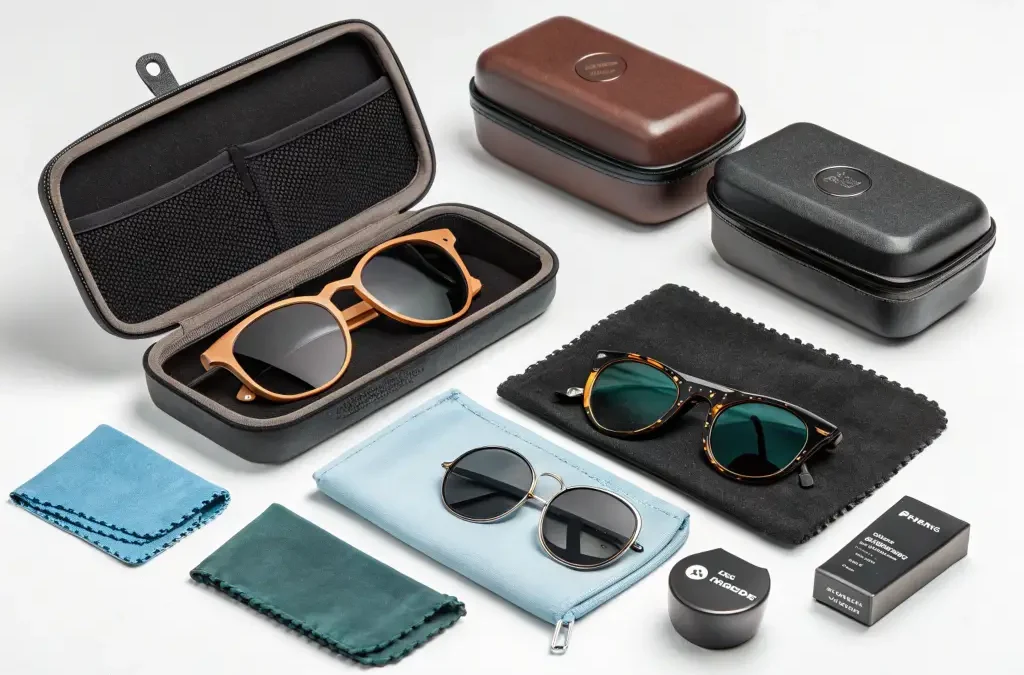 A collection of glasses sun accessories including sunglasses, protective cases, cleaning cloths, and cleaning kits to enhance eyewear functionality