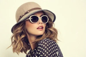 Stylish woman with round sunglasses, a striped outfit, and hat, showcasing how to match sunglasses with outfits for a chic look.