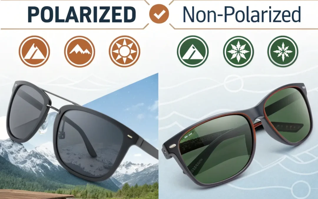 Polarized & non-polarized sunglasses featuring a sunset reflection for non-polarized lenses & outdoor clarity with polarized lenses.