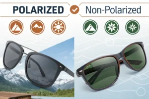 Polarized & non-polarized sunglasses featuring a sunset reflection for non-polarized lenses & outdoor clarity with polarized lenses.