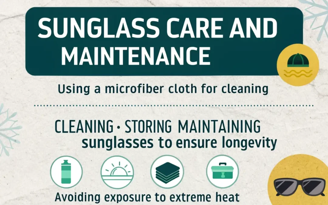 Illustration of sun glass care tips, including cleaning with a microfiber cloth, storing properly, and avoiding extreme heat for longevity.