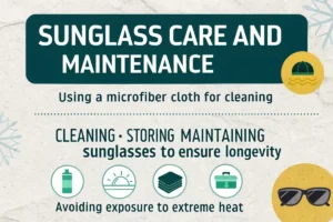 Illustration of sun glass care tips, including cleaning with a microfiber cloth, storing properly, and avoiding extreme heat for longevity.