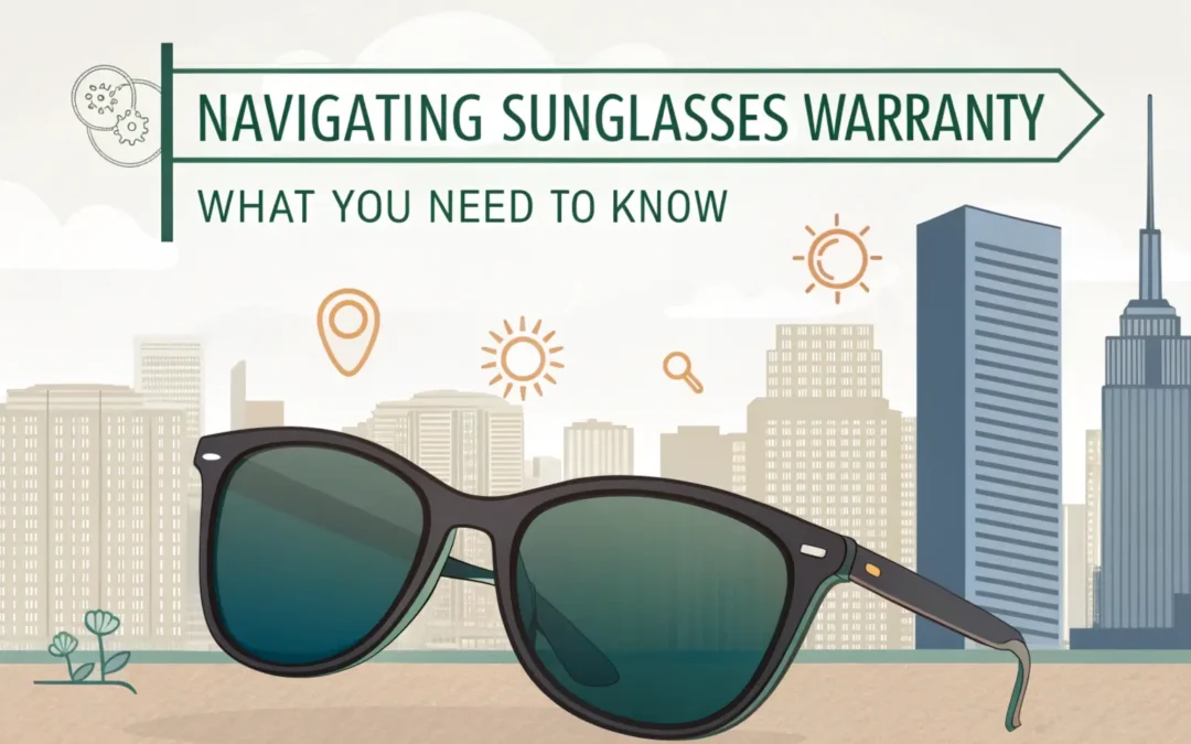 Illustration of sunglasses with a cityscape background highlighting tips on understanding sunglasses warranty and its importance for buyers.