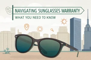 Illustration of sunglasses with a cityscape background highlighting tips on understanding sunglasses warranty and its importance for buyers.