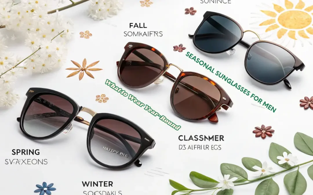 Four seasonal sunglasses for men displayed on a flat lay background, showcasing stylish options for spring, summer, fall, and winter fashion.