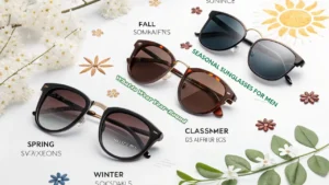 Four seasonal sunglasses for men displayed on a flat lay background, showcasing stylish options for spring, summer, fall, and winter fashion.
