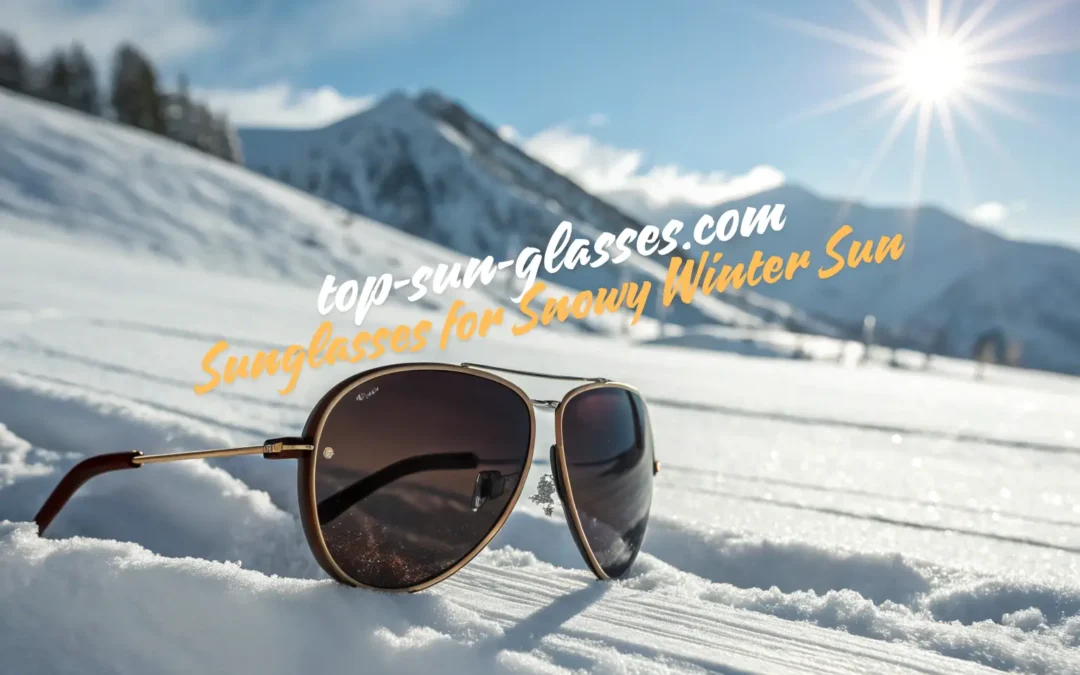 A pair of sunglasses on bright snowy ground under a clear sky, reflecting the Winter Sun, designed for UV protection and eye safety in snow.