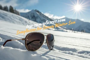 A pair of sunglasses on bright snowy ground under a clear sky, reflecting the Winter Sun, designed for UV protection and eye safety in snow.