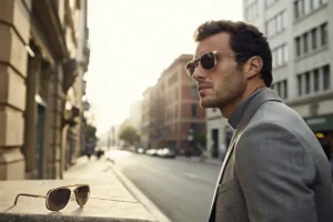 Fashion Forward urban scene featuring a man in grey blazer wearing designer sunglasses, with matching pair displayed on concrete ledge at sunset
