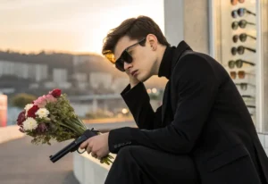 Behind the Lenses a young man in a black suit and sunglasses, holding a bouquet of flowers and an object, contemplative in front of a sunglasses display.