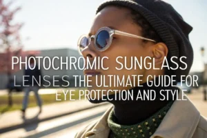 A stylish individual wearing modern photochromic sunglass lenses outdoors, blending eye protection and fashion seamlessly in bright sunlight.