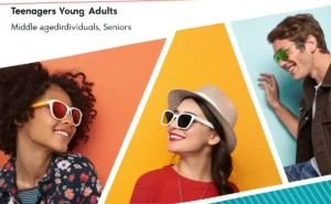 Sunglasses Trends across age groups: three people wearing different styles of sunglasses against colorful backgrounds - coral, yellow, and turquoise