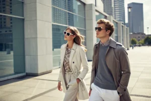 Fashionable couple wearing matching oversized sunglasses in 2022 walking in a modern urban setting, editorial style, natural light, casual chic outfits