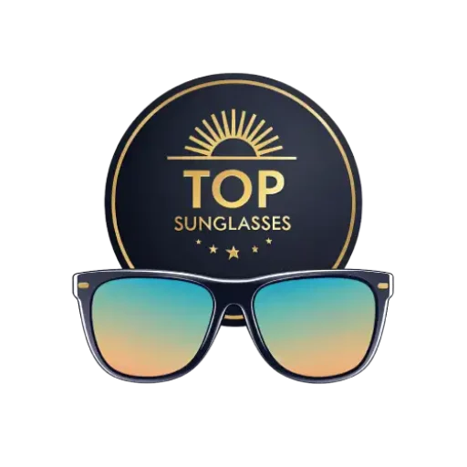 Logo of Top Sunglasses featuring a pair of yellow sunglasses on a blue circular background with the brand name written around it