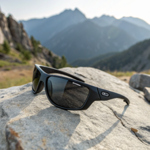 Woman wearing polarized wrap-around sunglasses with matte black frames on a mountain trail with alpine lake background
