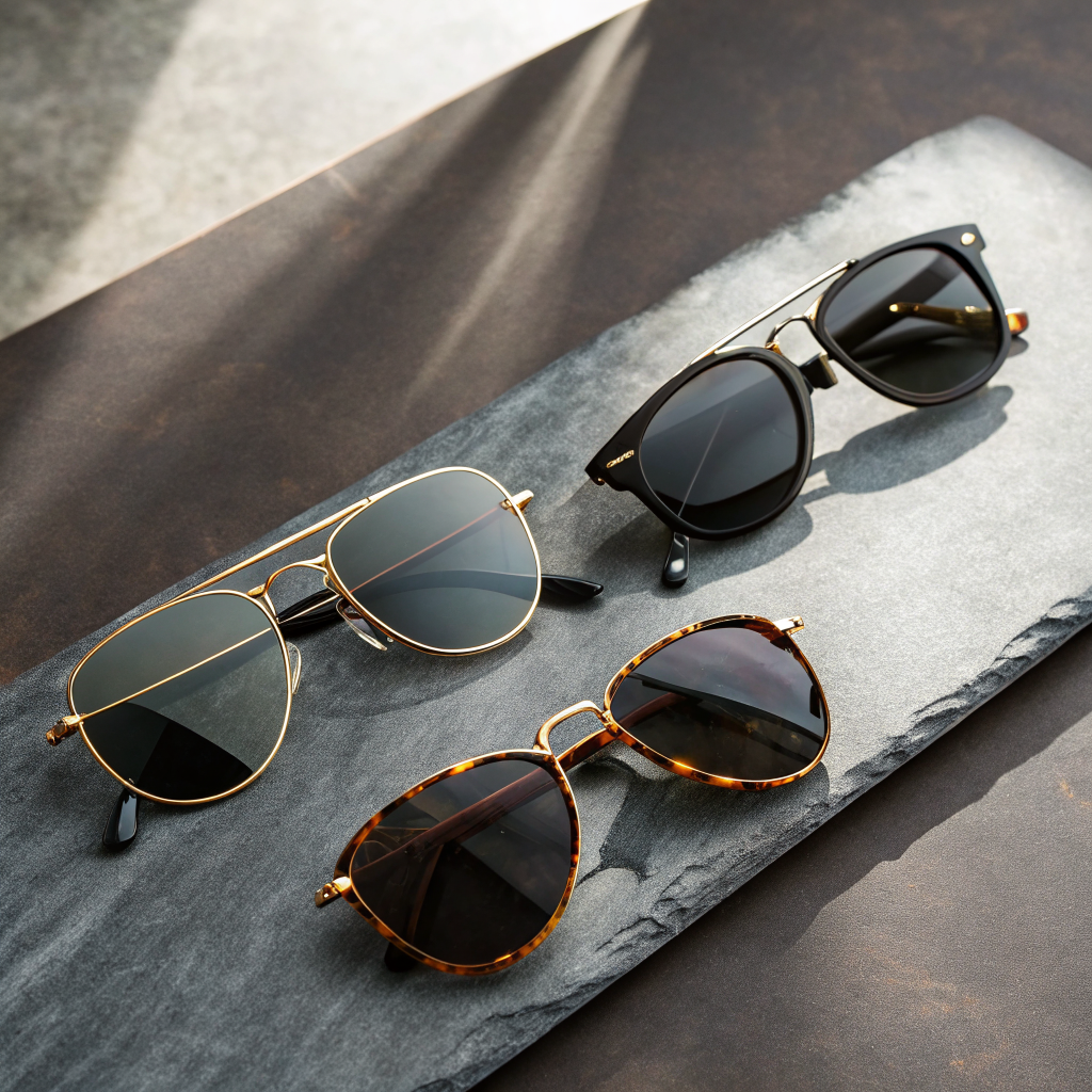 Four different men's sunglasses styles arranged on dark slate stone surface showcasing variety of frame shapes for different face types